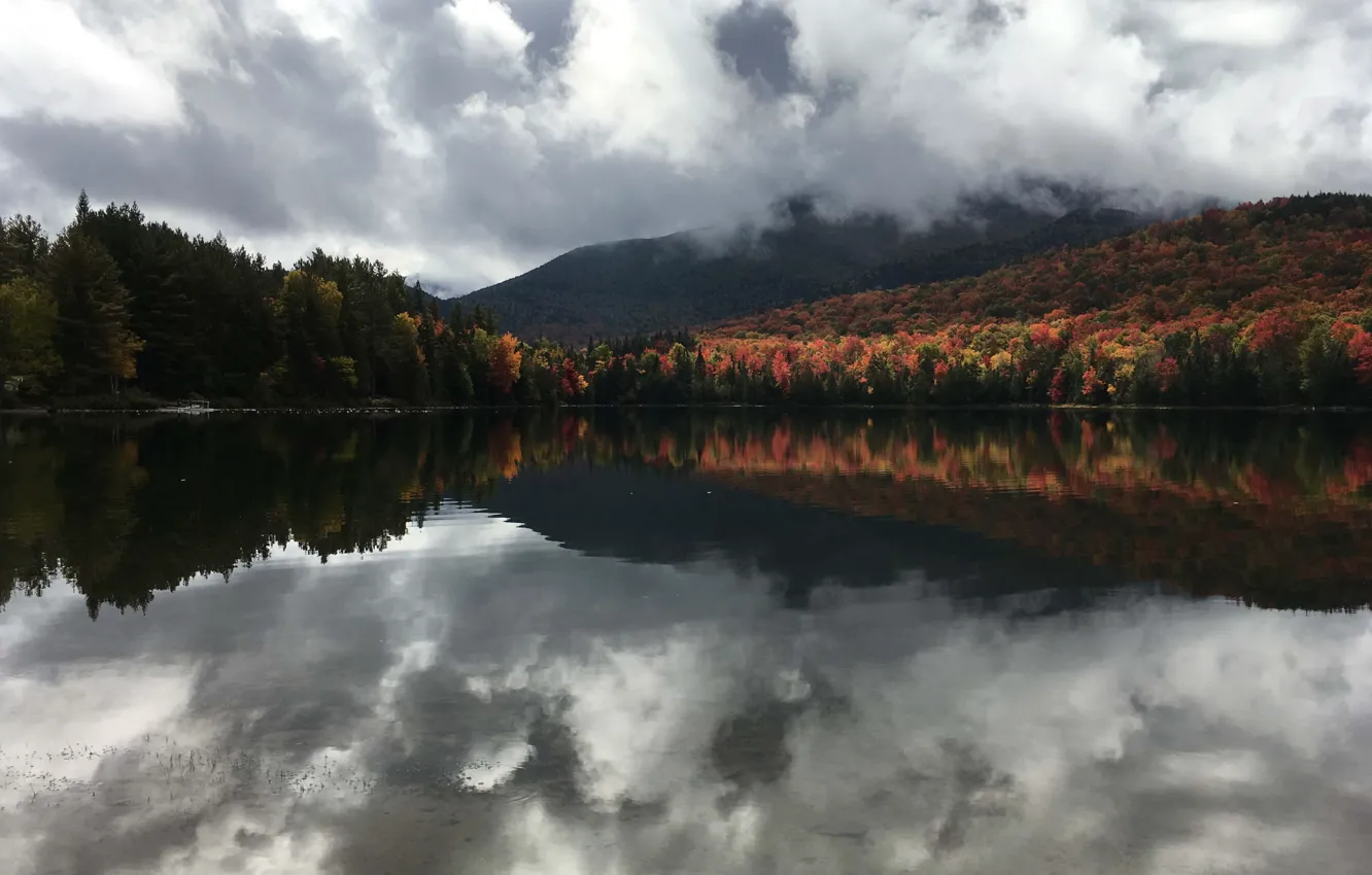 Photo wallpaper autumn, clouds, lake, hill, autumn colors, fall, lakeshore, fall colors