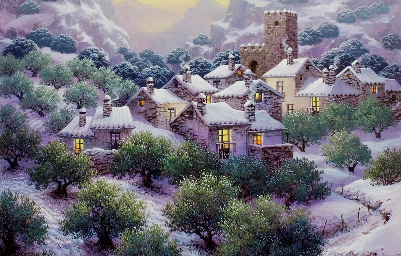 Photo wallpaper snow, trees, mountains, houses, painting, snow, painting, plantation