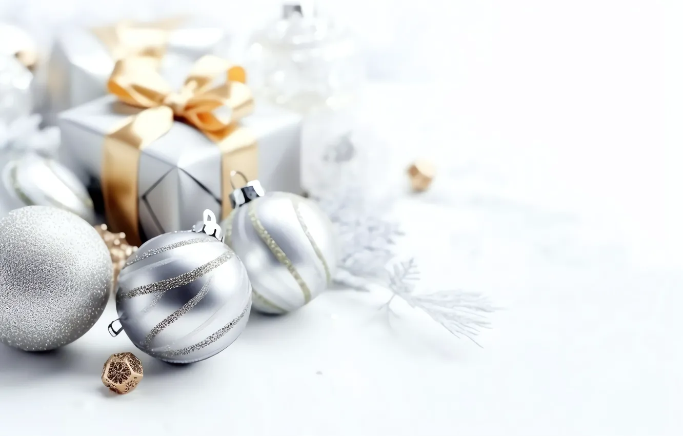 Photo wallpaper balls, branches, silver, new year, silver, Christmas, white background, needles