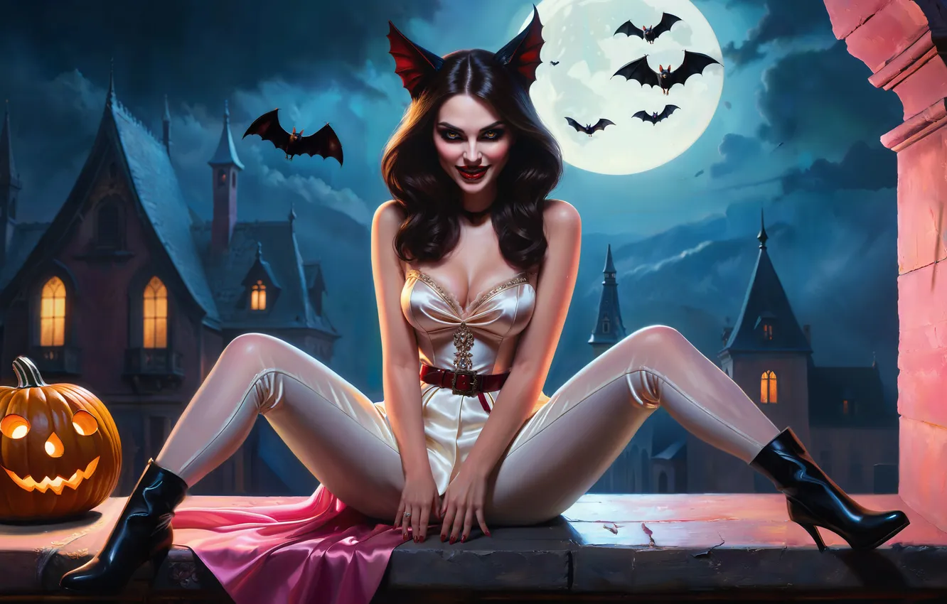 Photo wallpaper girl, night, holiday, pumpkin, Halloween, Halloween