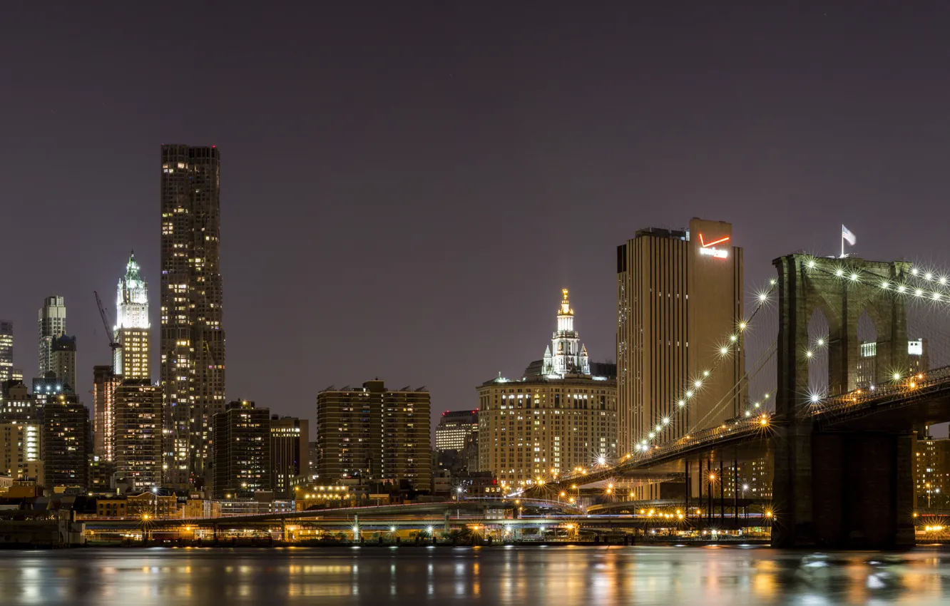 Photo wallpaper night, bridge, the city, river, home, New York, skyscrapers, panorama