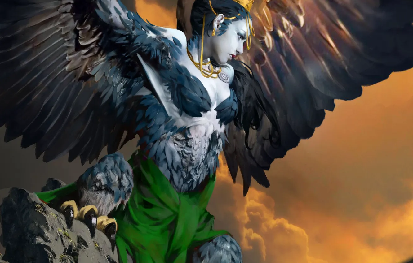 Photo wallpaper girl, fantasy, wings, crown, artist, queen, artwork, fantasy art