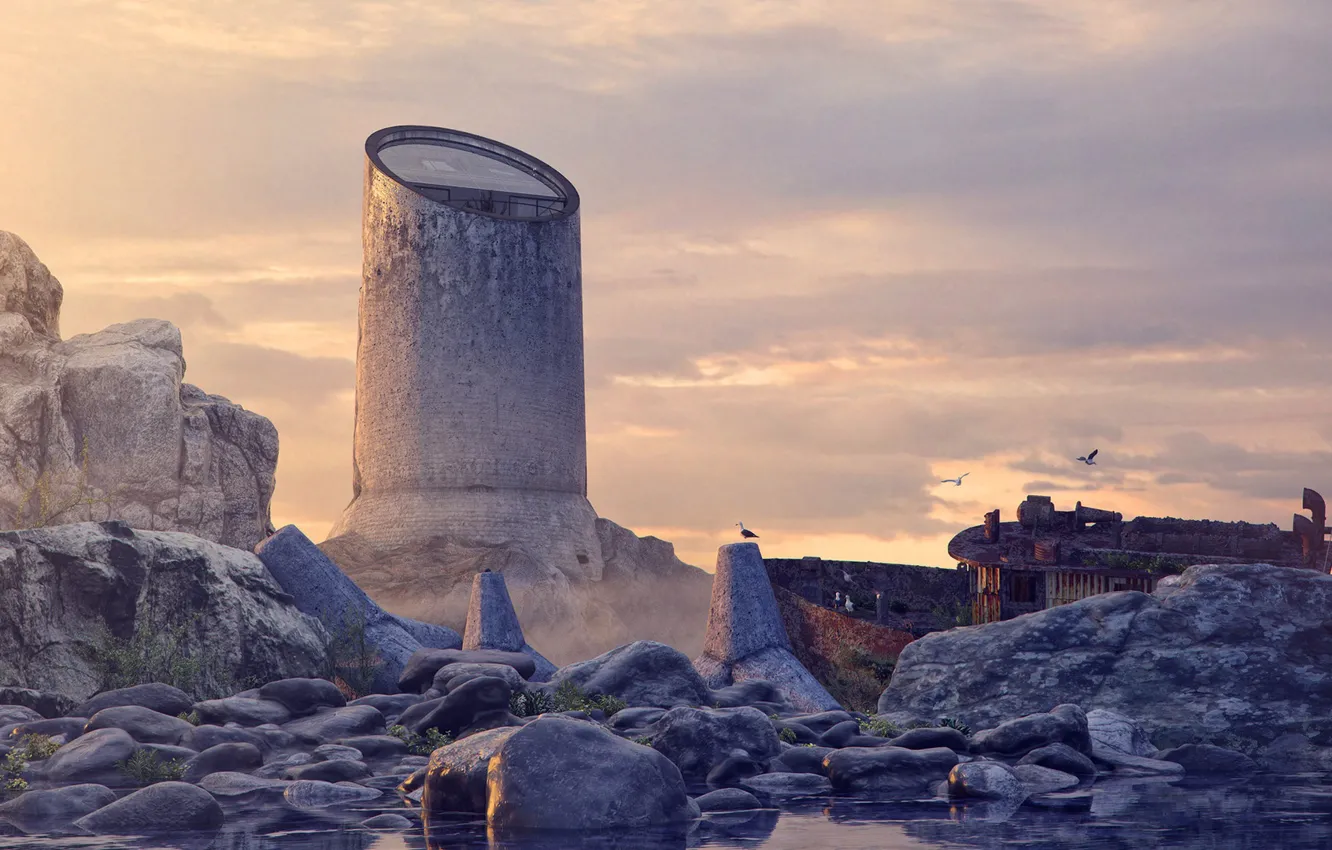 Photo wallpaper birds, stones, construction, mast, The three colors of the Lighthouse - RED