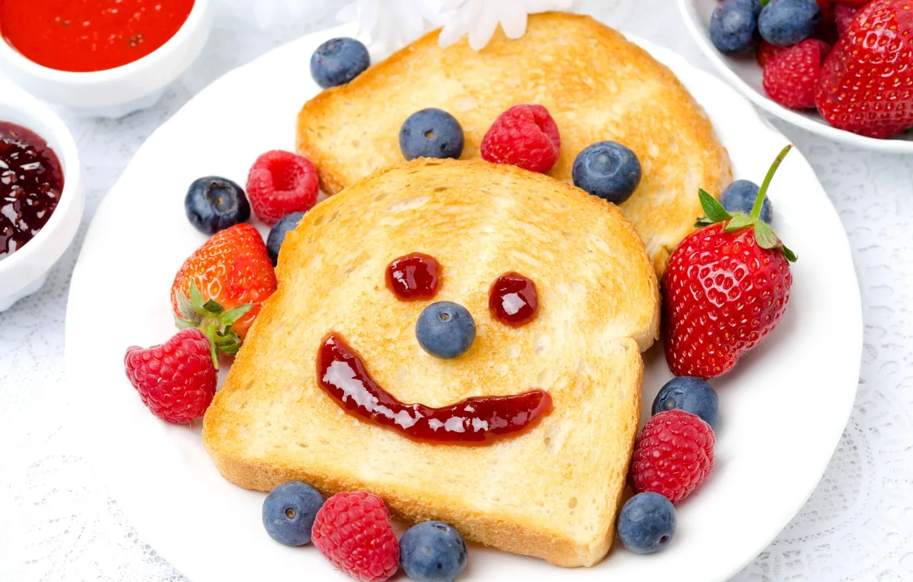 Photo wallpaper berries, raspberry, strawberry, bread, smiley, blueberries, toast