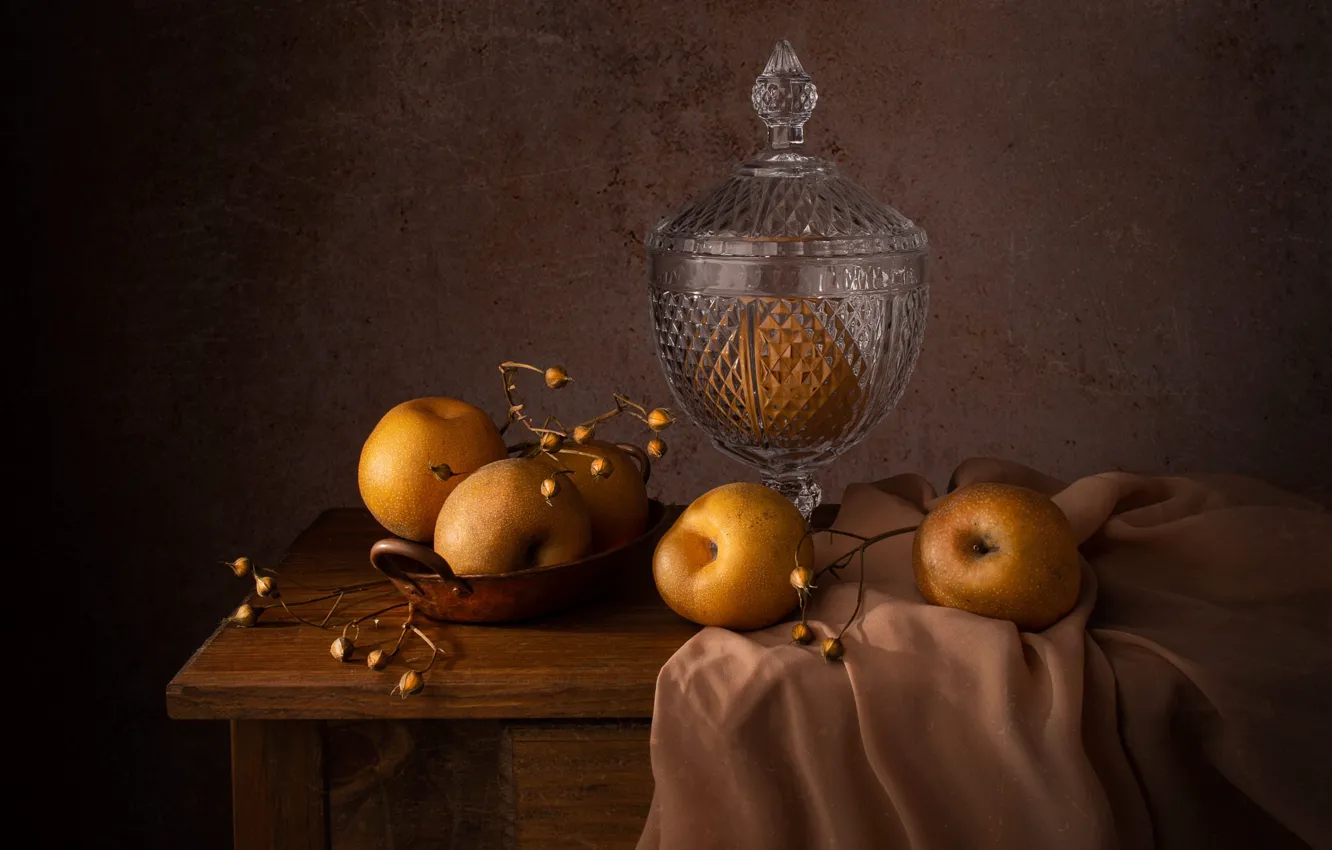 Photo wallpaper yellow, table, apples, fabric, fruit, still life, vase