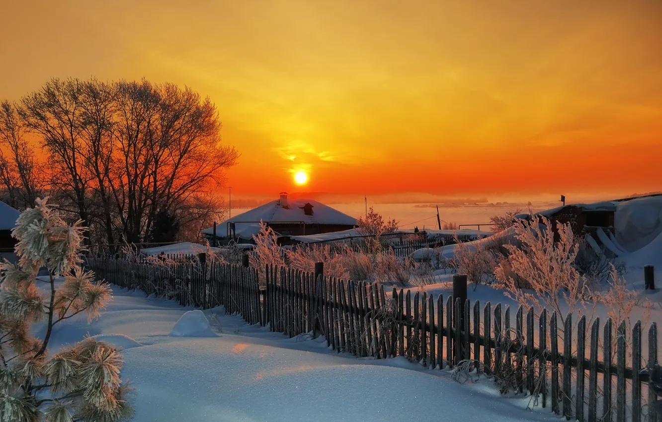 Photo wallpaper winter, sunset, village