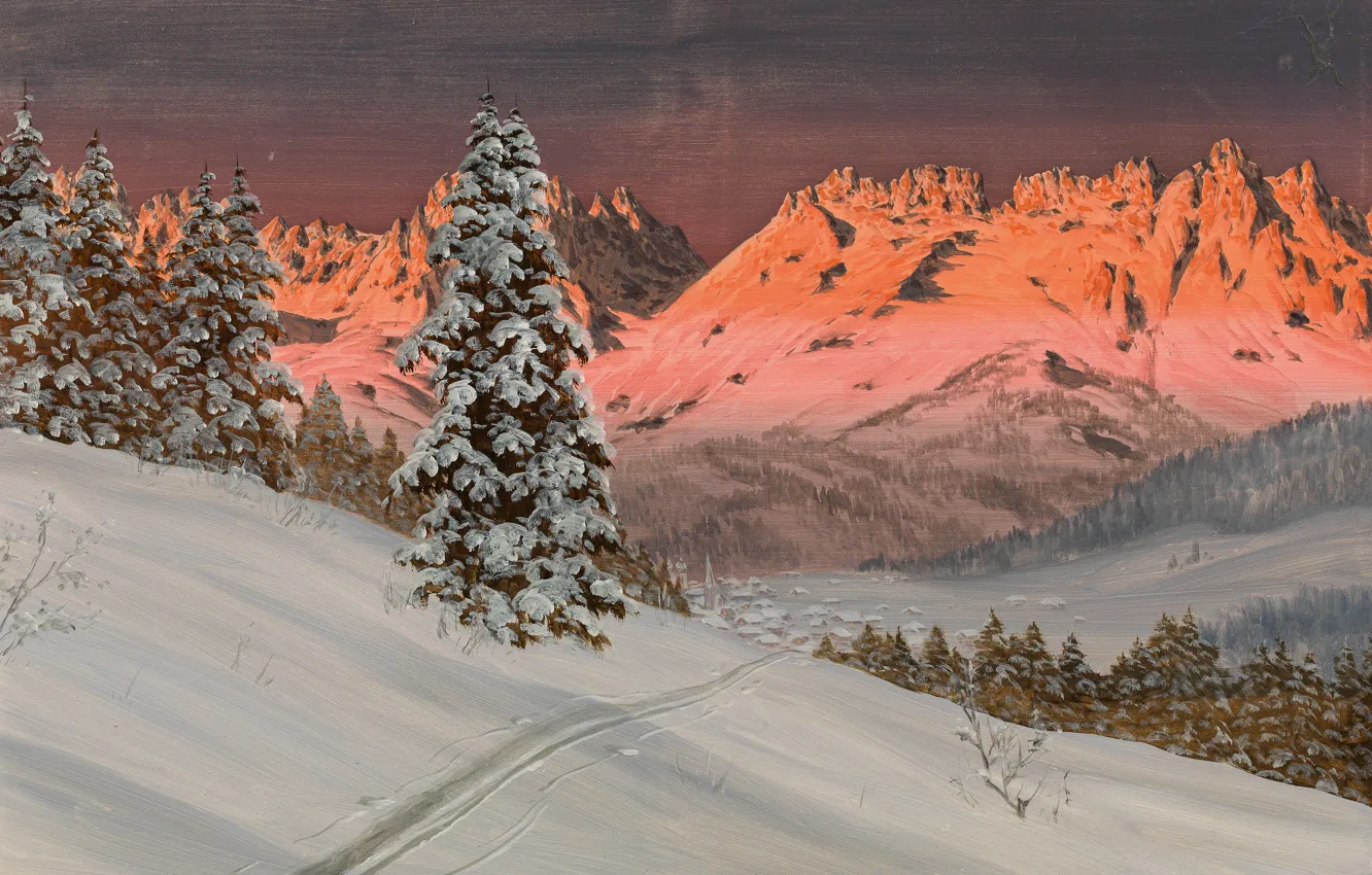 Photo wallpaper Mountains, Snow, Picture, Alois Arnegger, Ate, Alois Arnegger, Austrian painter, Winter in Kitzbuhel