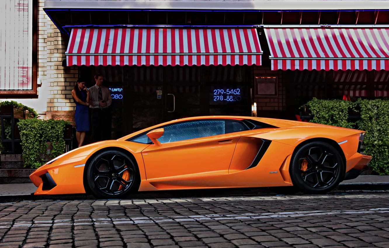 Photo wallpaper look, girl, orange, building, Lamborghini, cafe, profile, guy