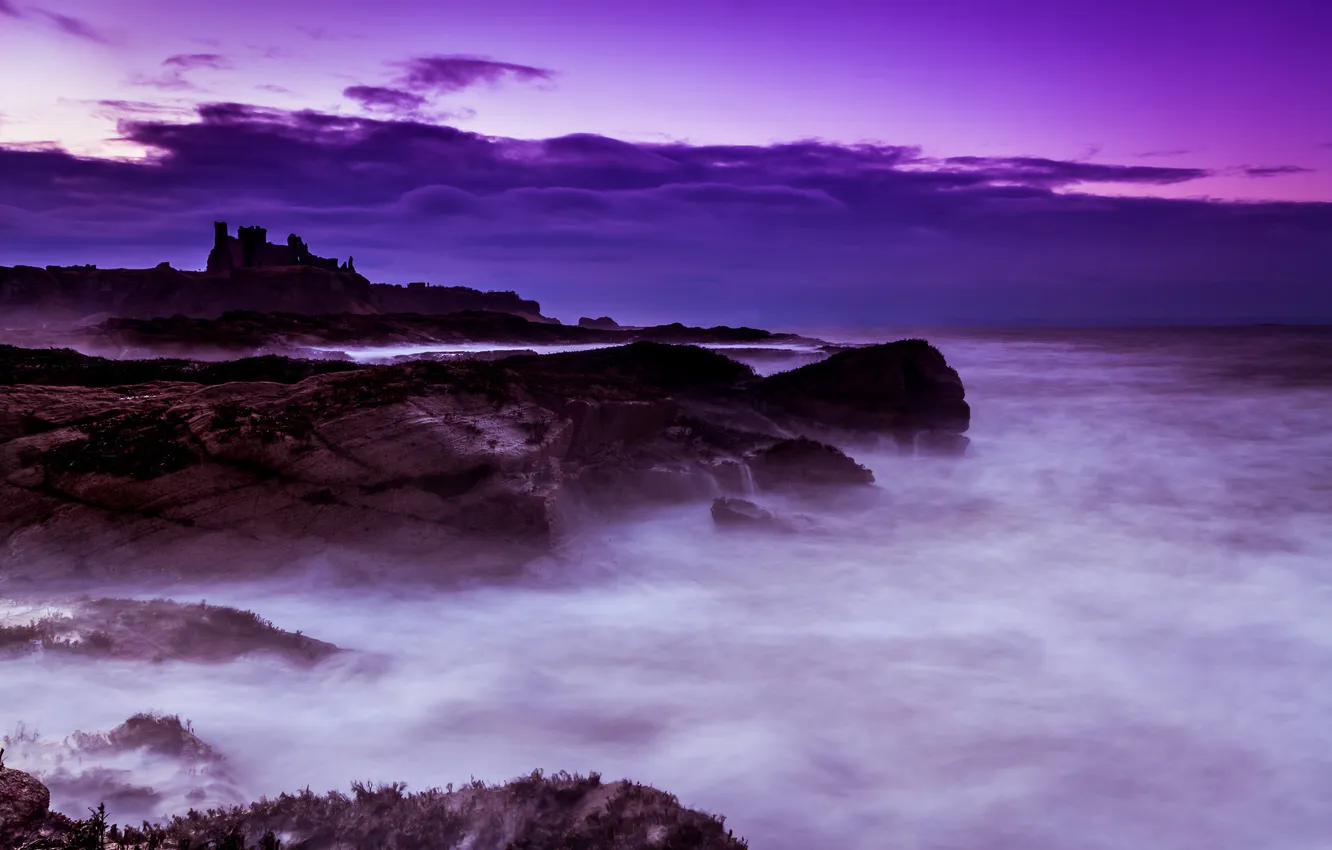 Photo wallpaper sea, the sky, clouds, castle, rocks, ruins, twilight, Scotland