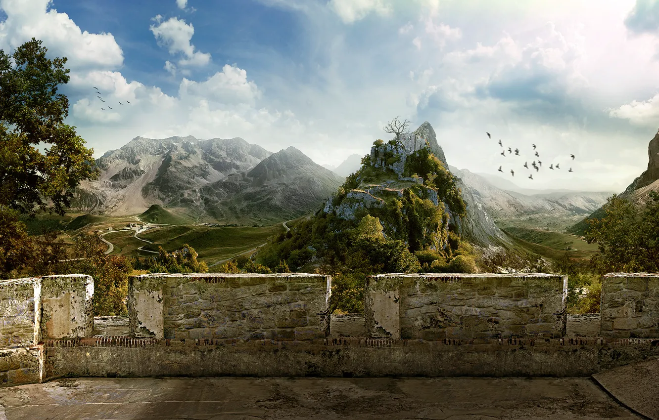 Photo wallpaper the sky, mountains, birds, wall, village, 151, Ruins, Balcony