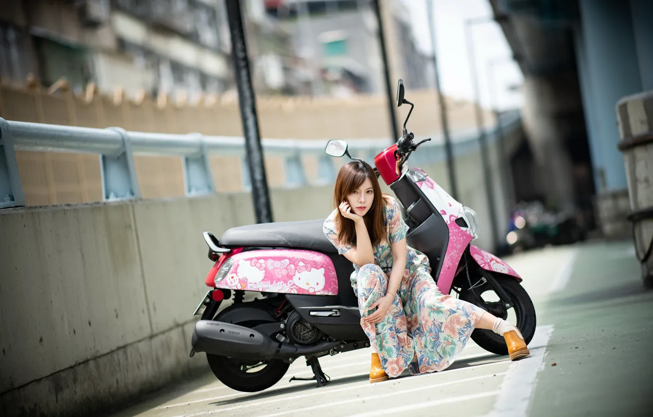 Photo wallpaper girl, Asian, scooter