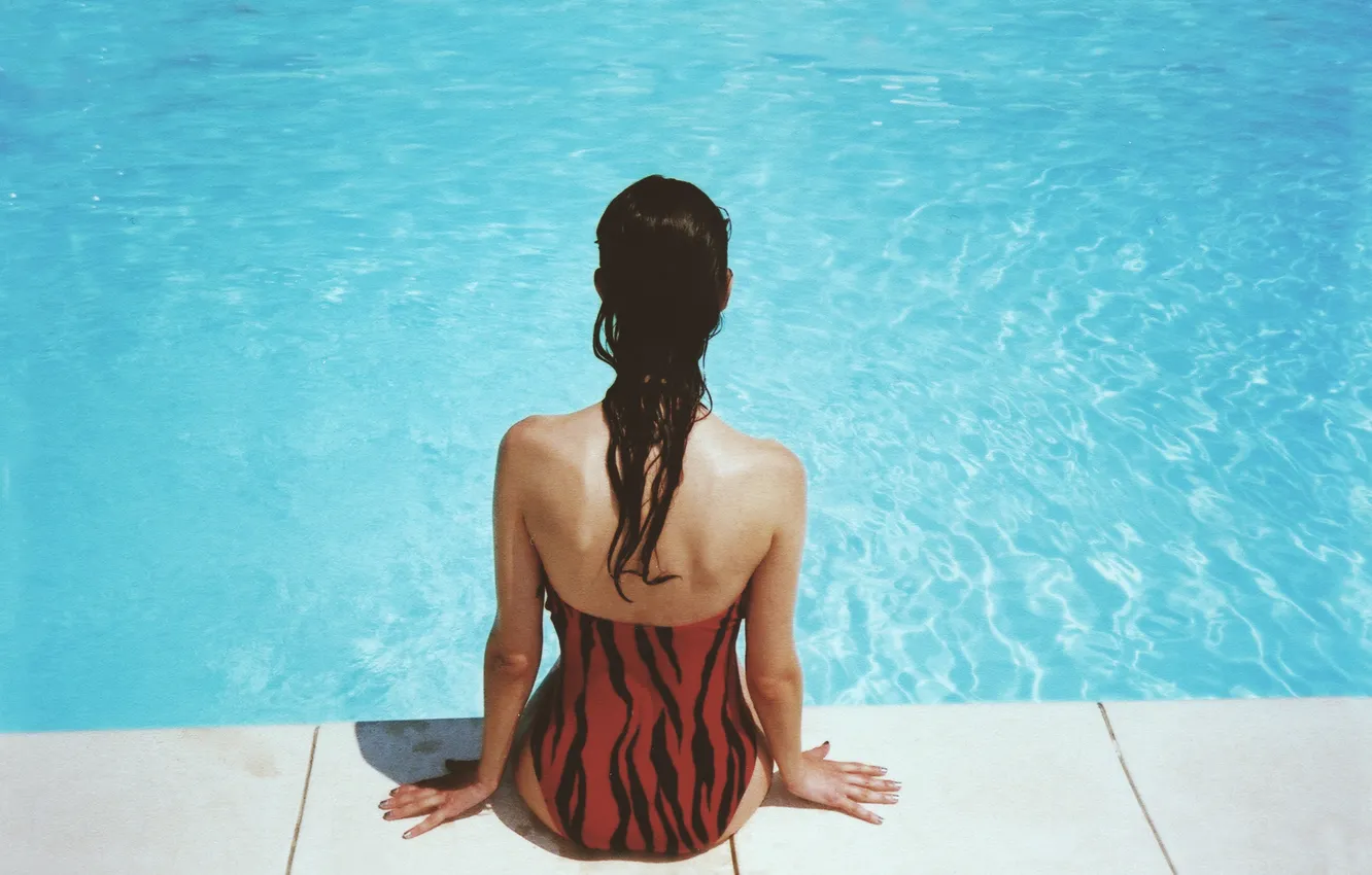 Photo wallpaper swimsuit, girl, back, sitting, the pool