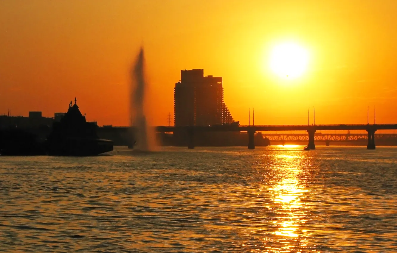 Photo wallpaper water, the sun, sunset, bridge, the city, glare, reflection, river