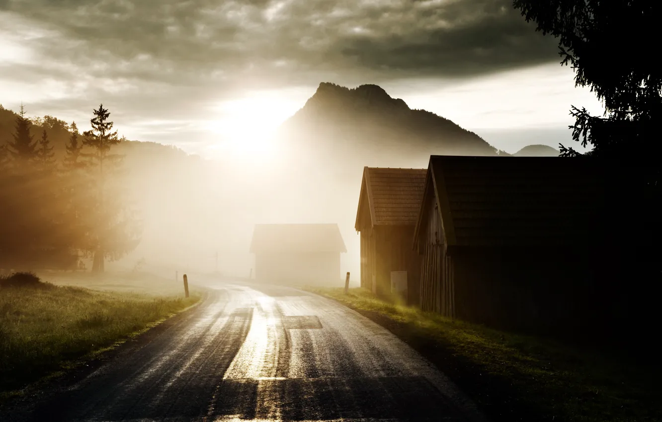 Photo wallpaper road, the sun, light, trees, mountains, clouds, dawn, home