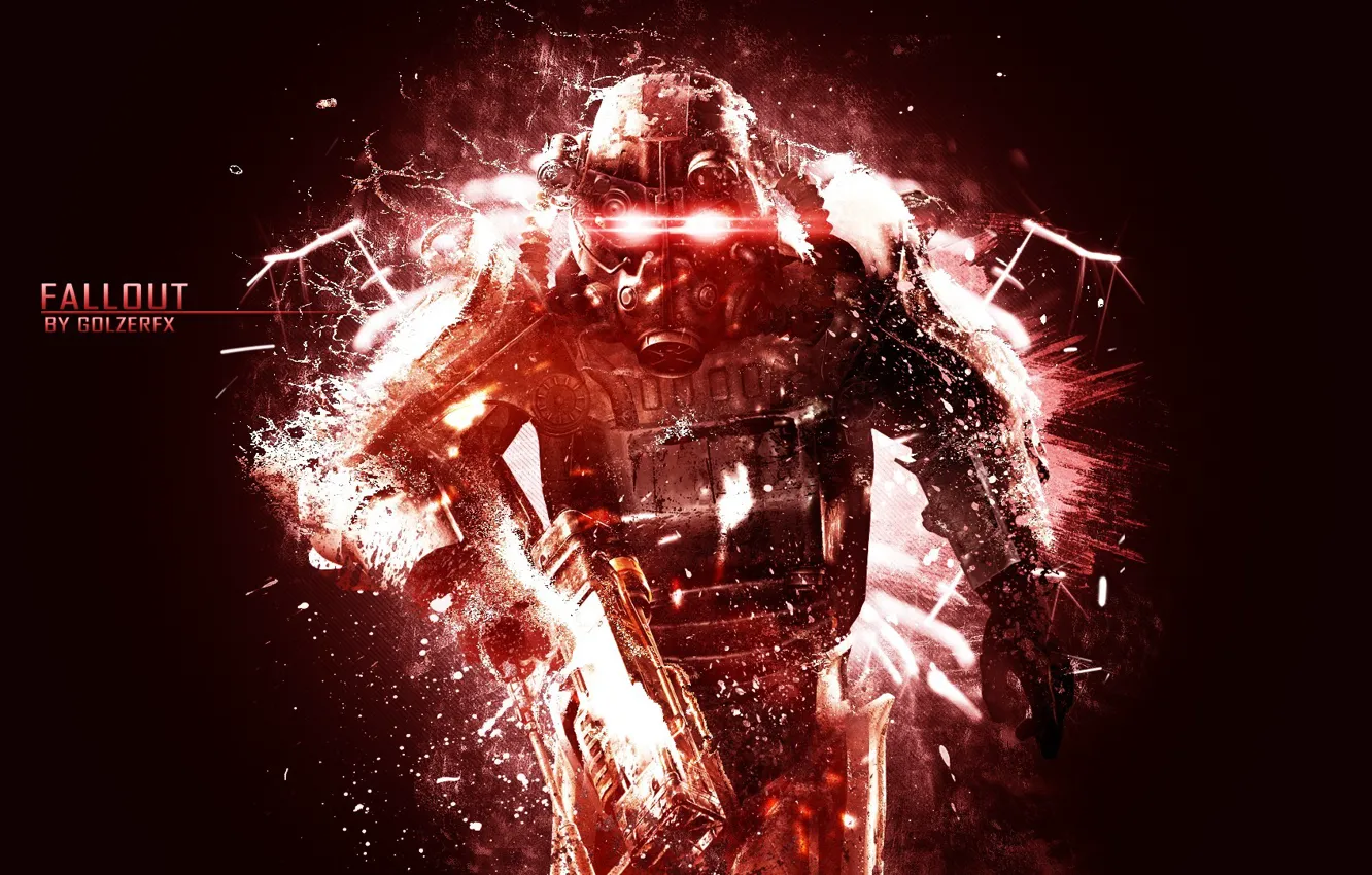 Photo wallpaper water, fog, weapons, mask, costume, fallout 3, rays of light, red background