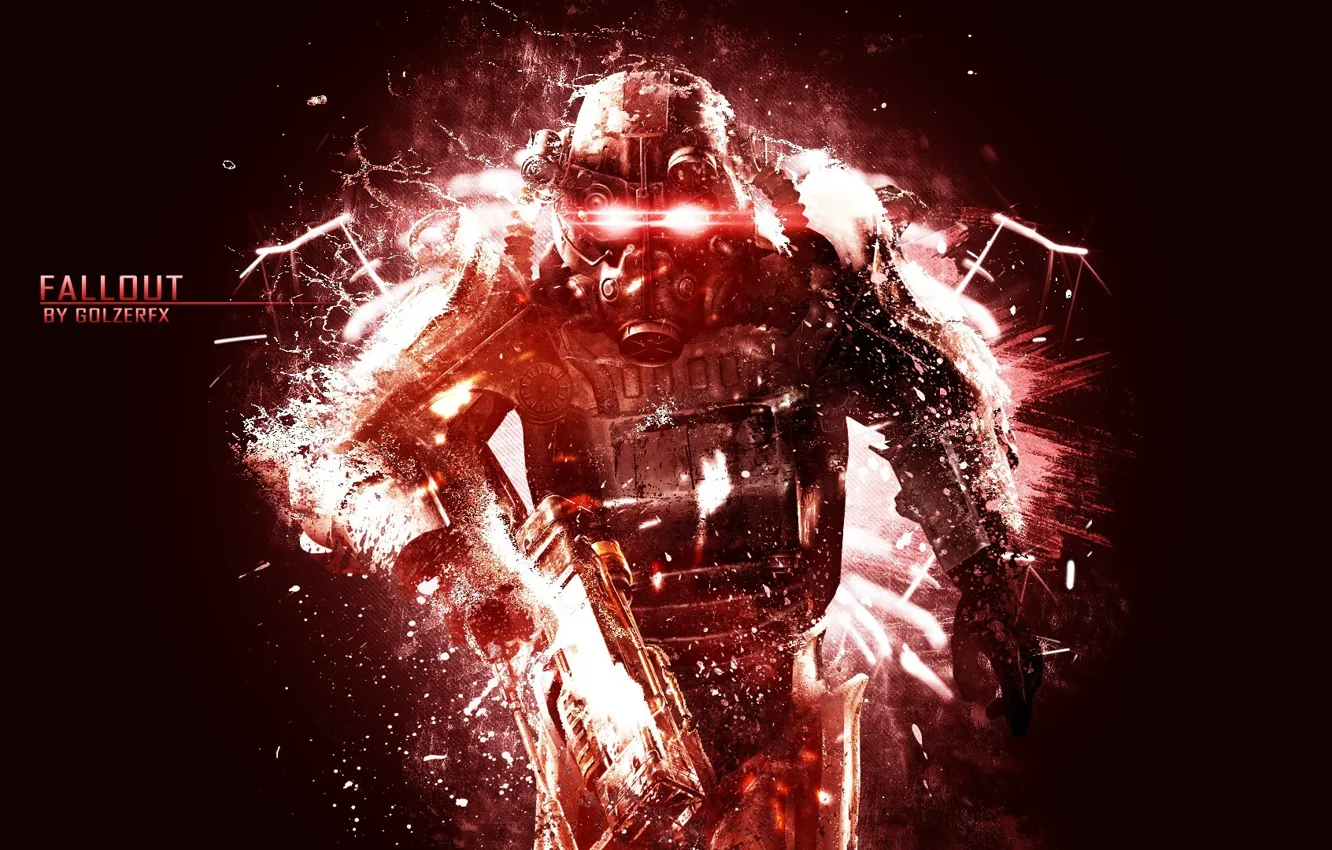 Photo wallpaper water, fog, weapons, mask, costume, rays of light, red background, Fallout 3