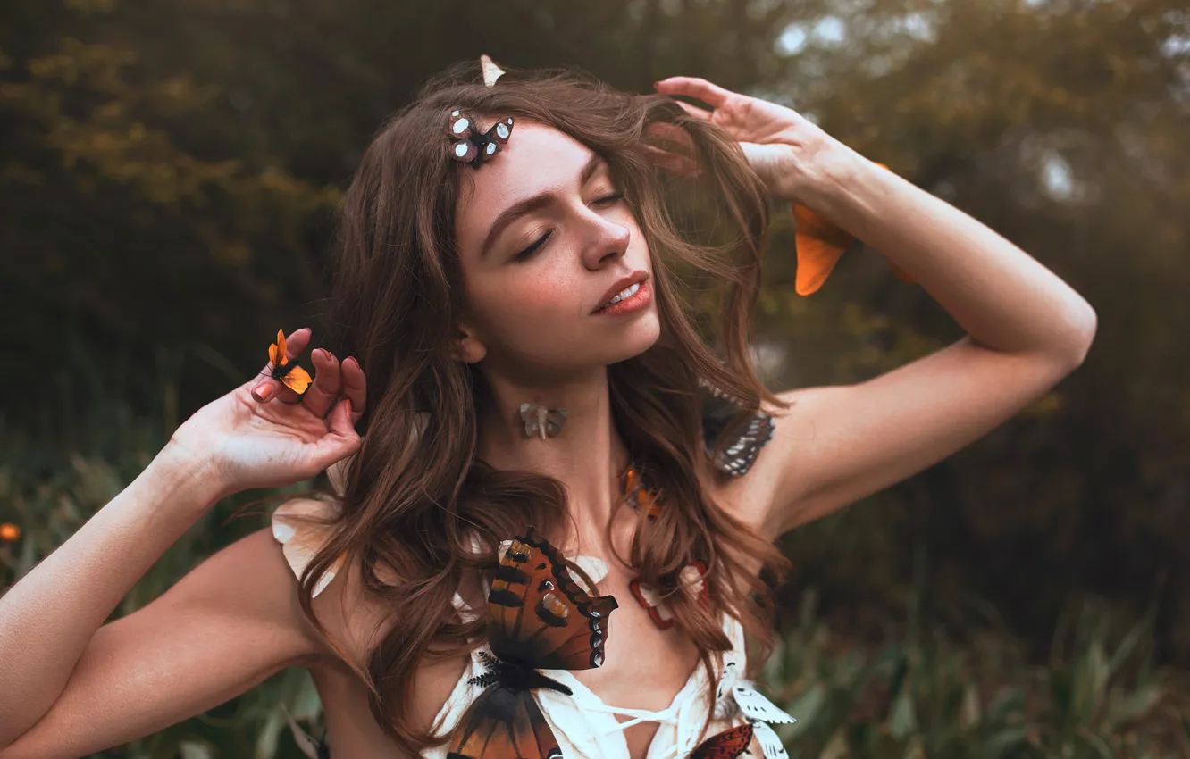 Photo wallpaper girl, butterfly, Aleah Michele, Garden dreams