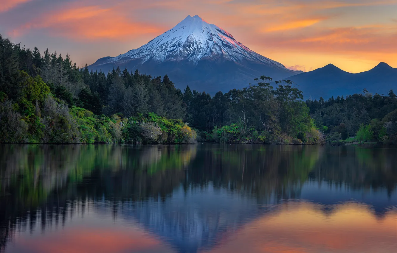 Photo wallpaper forest, sunset, mountains, lake, reflection, shore, tops