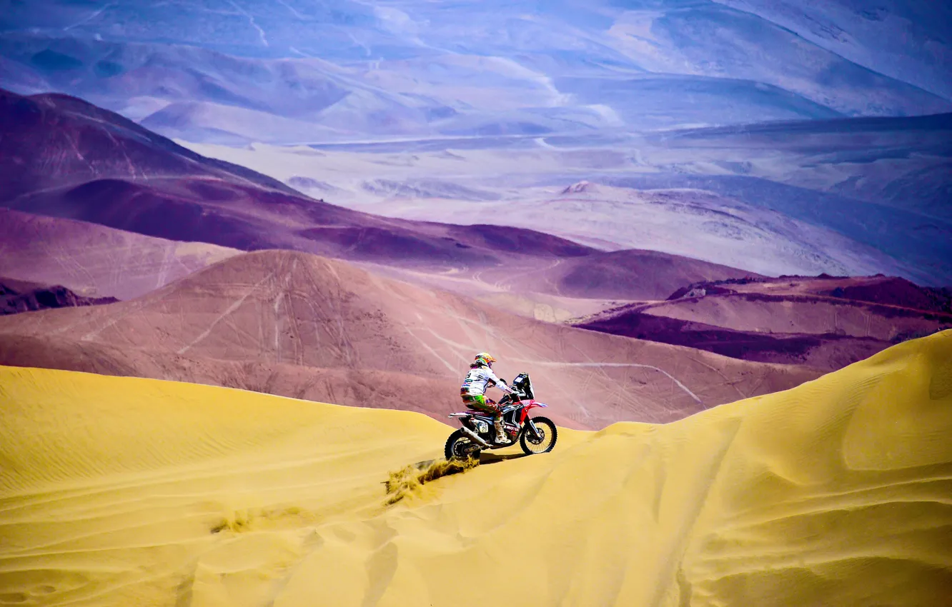 Photo wallpaper Sand, Mountains, People, Sport, Speed, Race, Hills, Motorcycle
