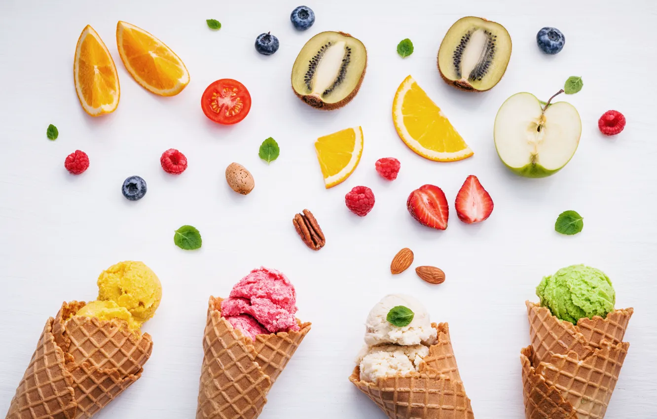 Photo wallpaper berries, colorful, ice cream, fruit, horn, fruit, berries, ice cream