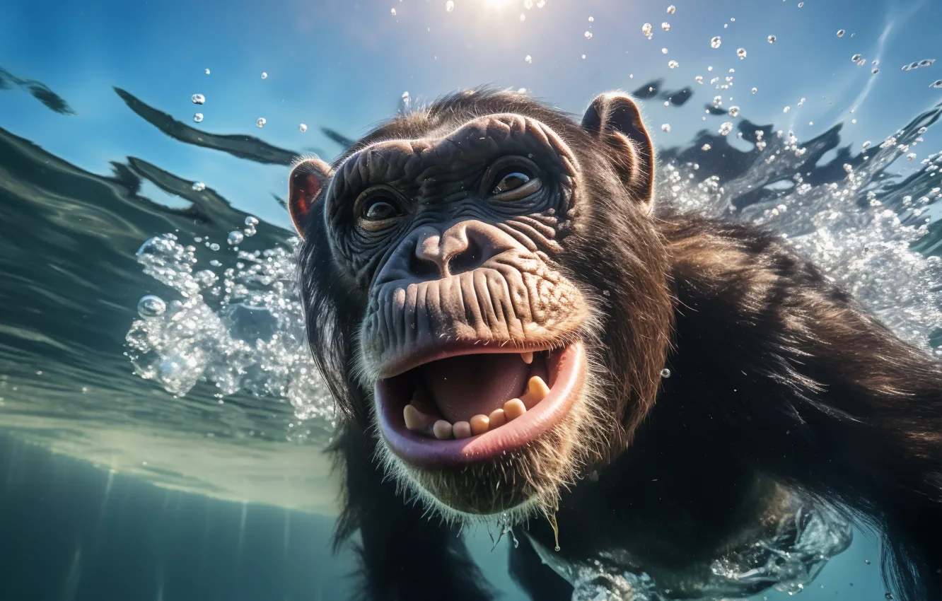 Photo wallpaper face, water, bathing, monkey, mouth, pond, chimpanzees, AI art