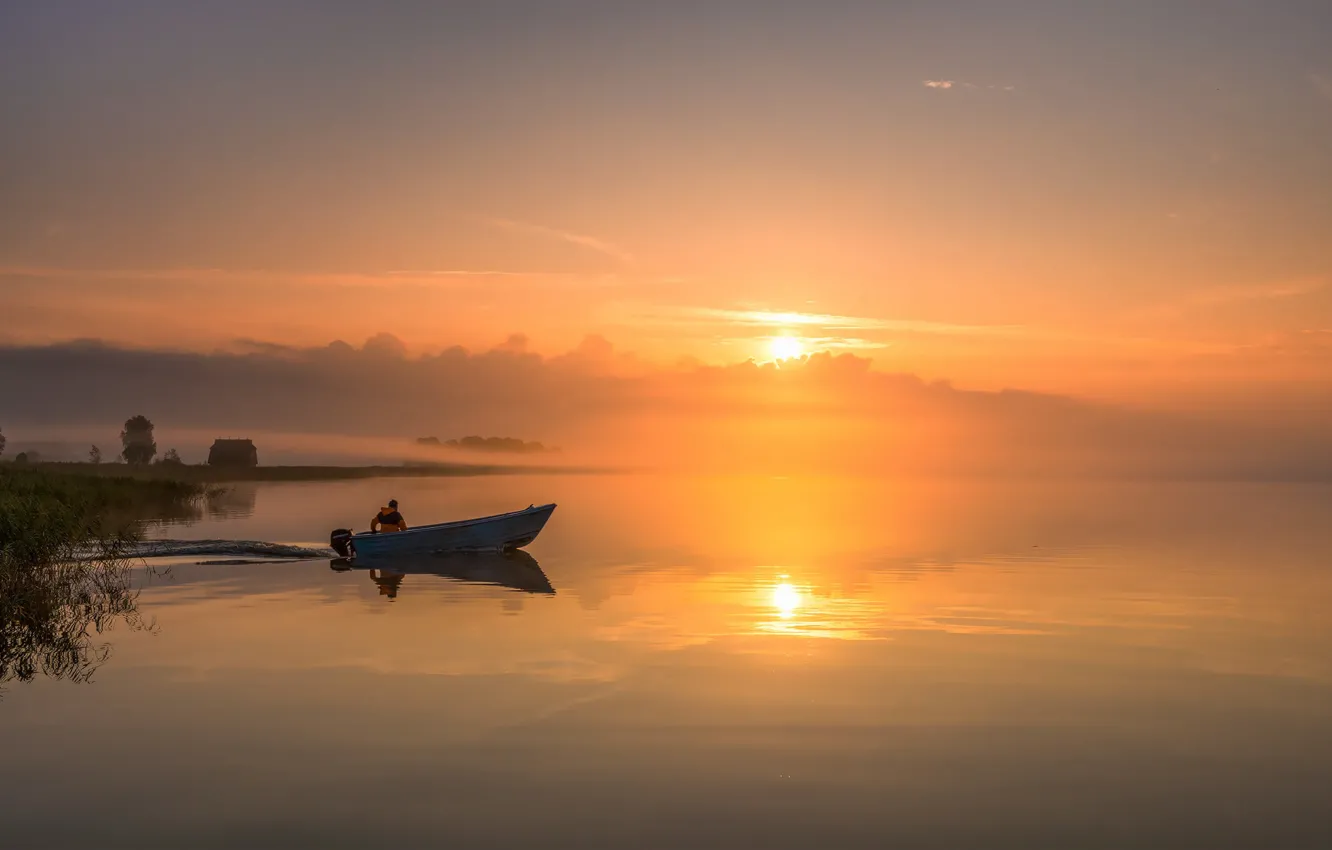 Photo wallpaper sea, sunrise, dawn, boat, morning