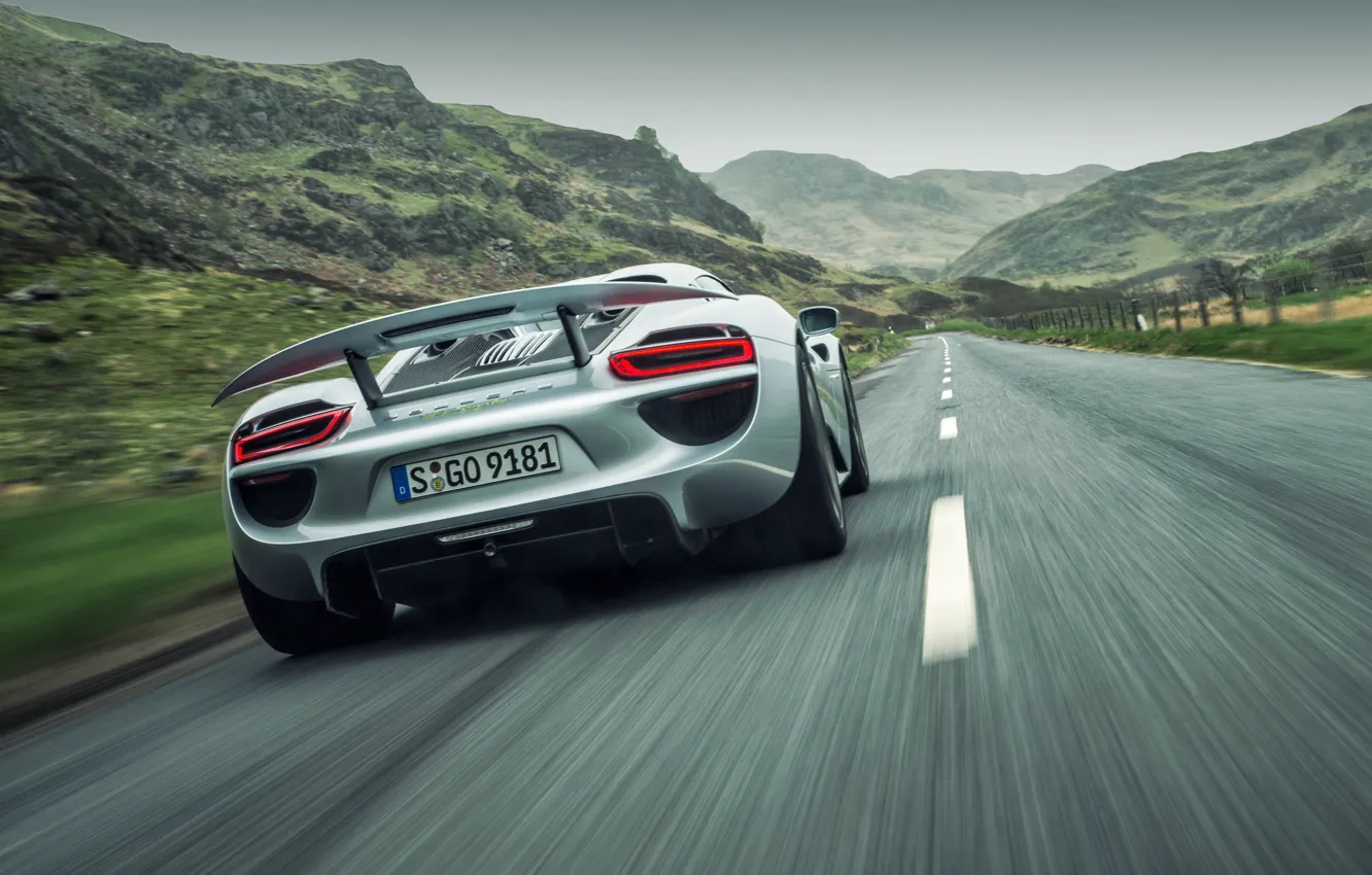 Photo wallpaper road, mountains, speed, Porsche, back, wing, Porsche 918 Spyder