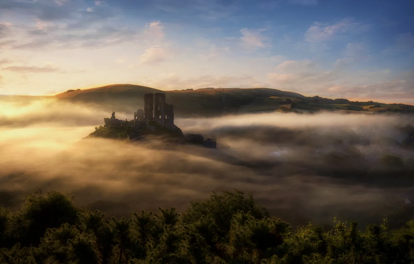 Photo wallpaper mountains, fog, ruins