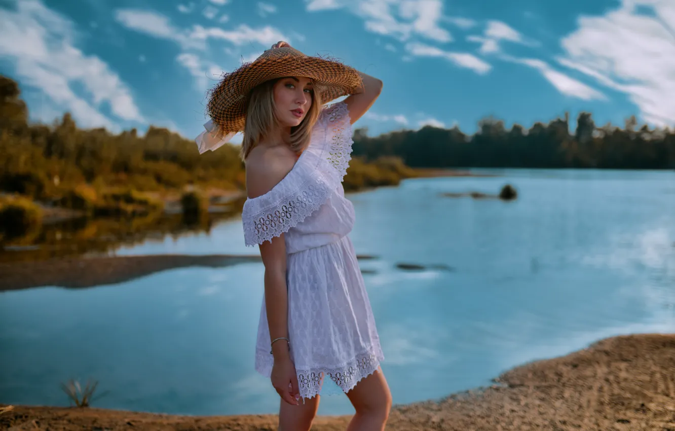 Photo wallpaper girl, pose, river, hat, dress, shoulders, nature, Andrei Filonenko