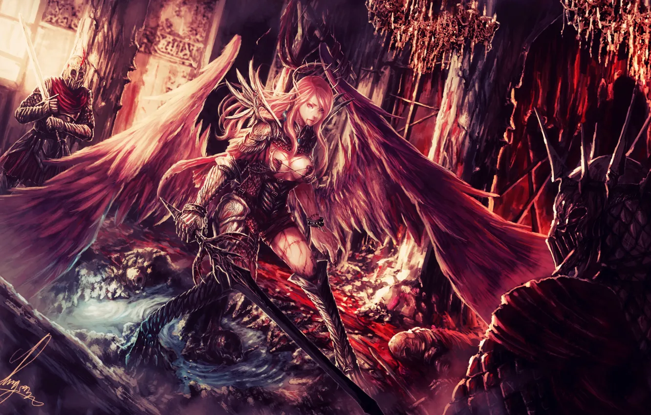 Photo wallpaper red, girl, sword, sexy, armor, woman, art, angel