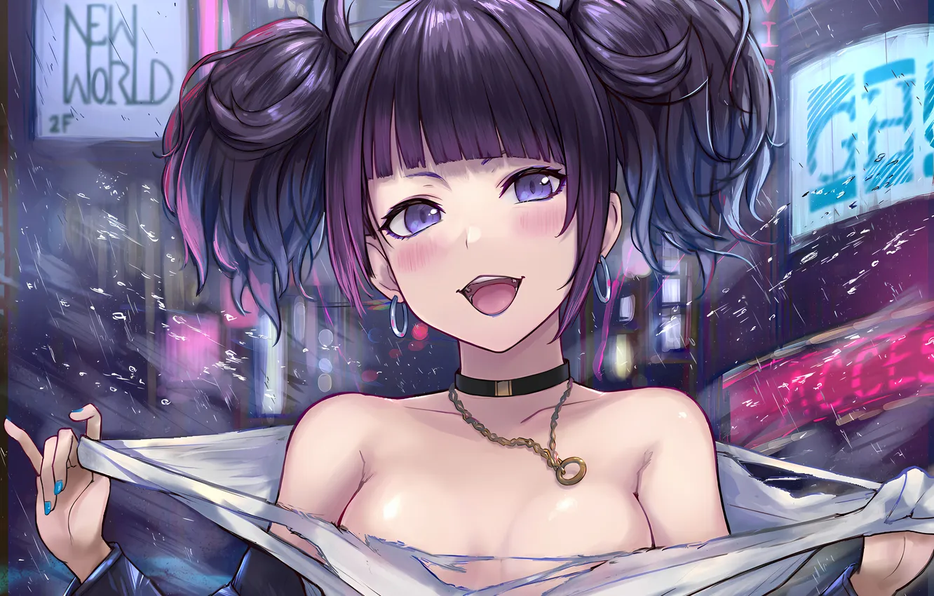 Photo wallpaper girl, sexy, boobs, anime, beautiful, twintails, short hair, purple eyes