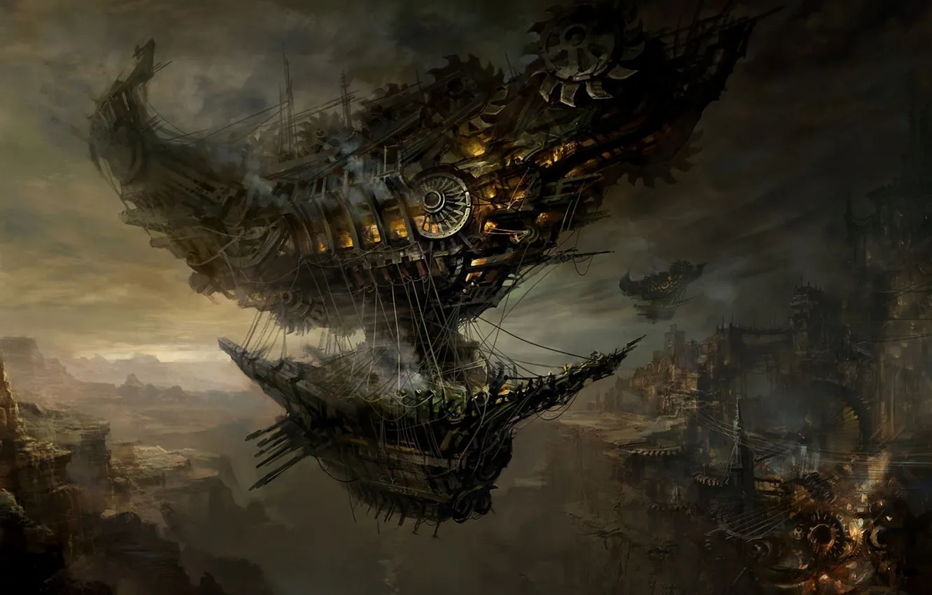 Photo wallpaper the city, ship, art, the airship, gorge, ChangYuan