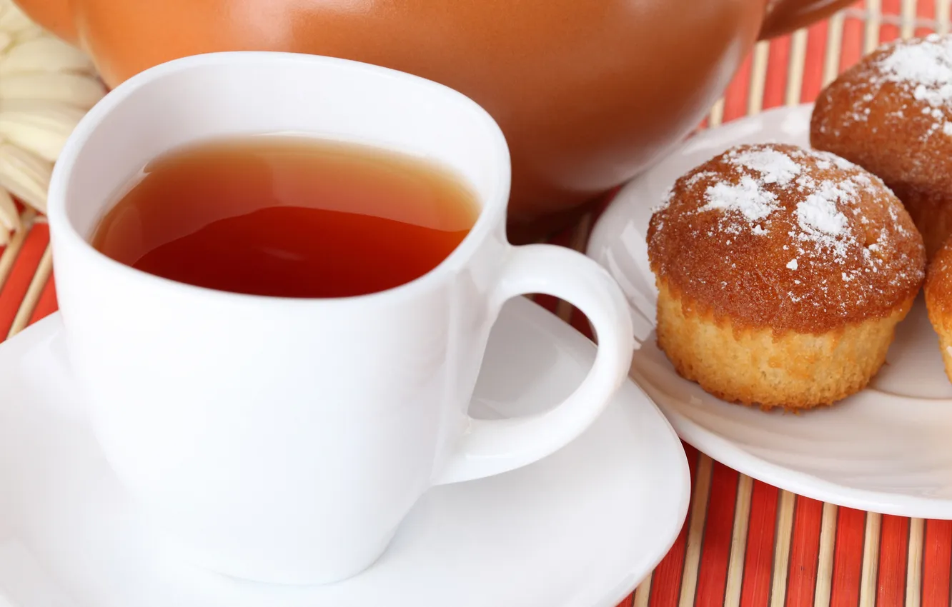 Photo wallpaper tea, Cup, drink, cakes, muffins
