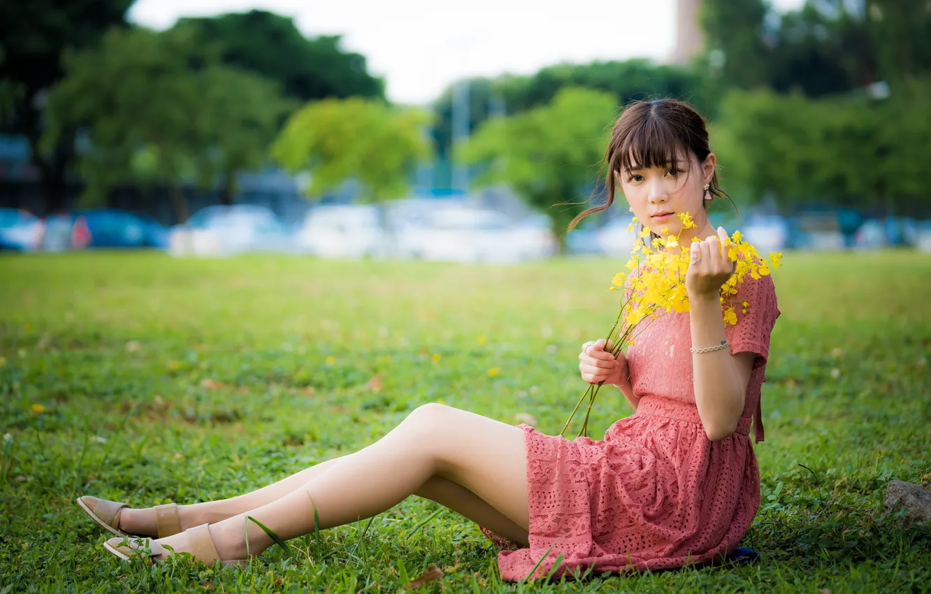 Wallpaper Girl Flowers Legs Asian Cutie A Bunch Bokeh Dress For