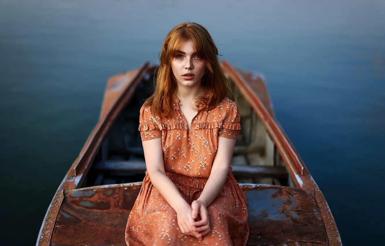 Photo wallpaper eyes, look, water, girl, boat, hair, dress, red