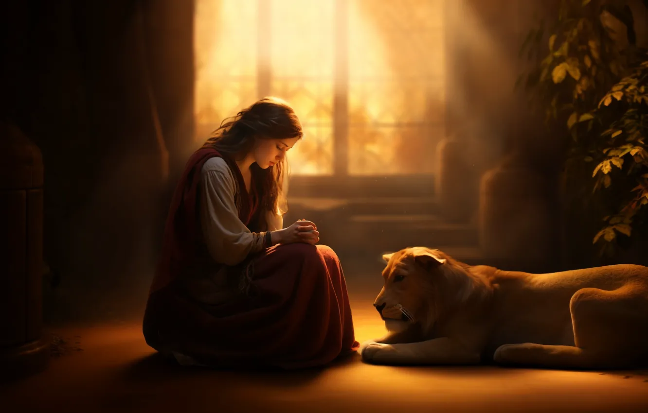 Photo wallpaper girl, rays, light, fog, room, plant, Leo, window