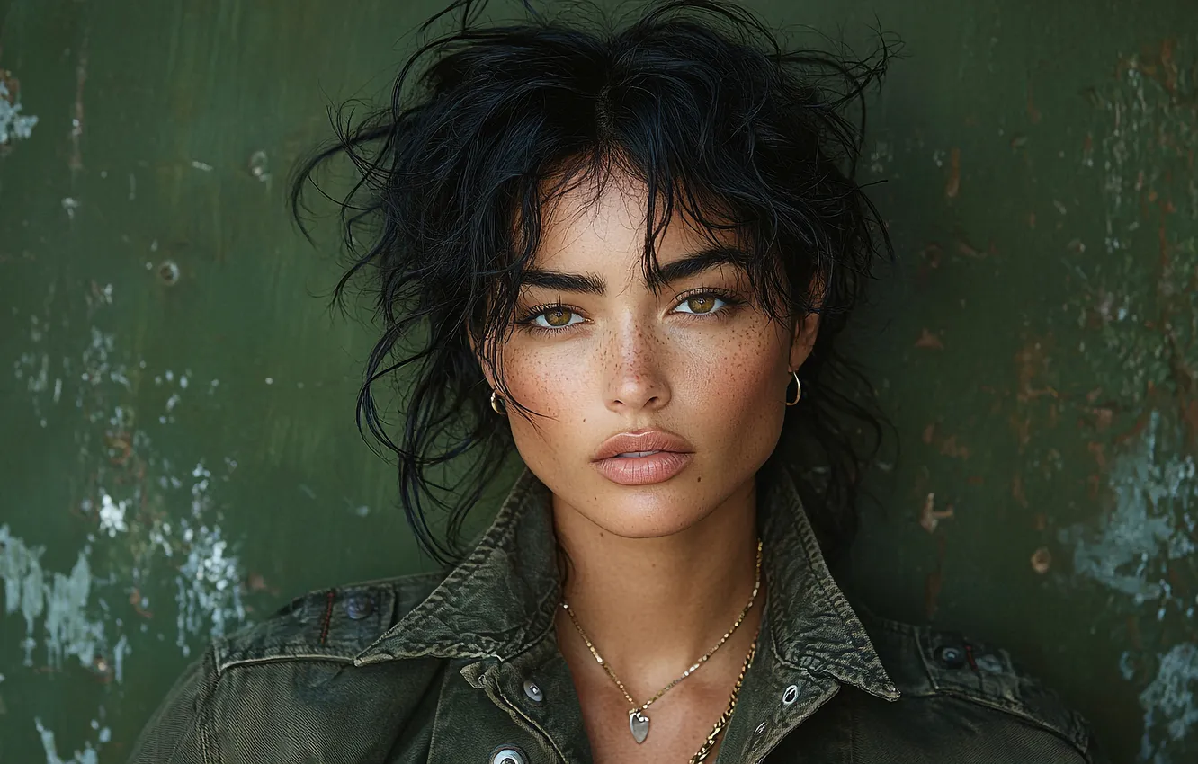 Photo wallpaper look, girl, face, wall, portrait, earrings, makeup, brunette