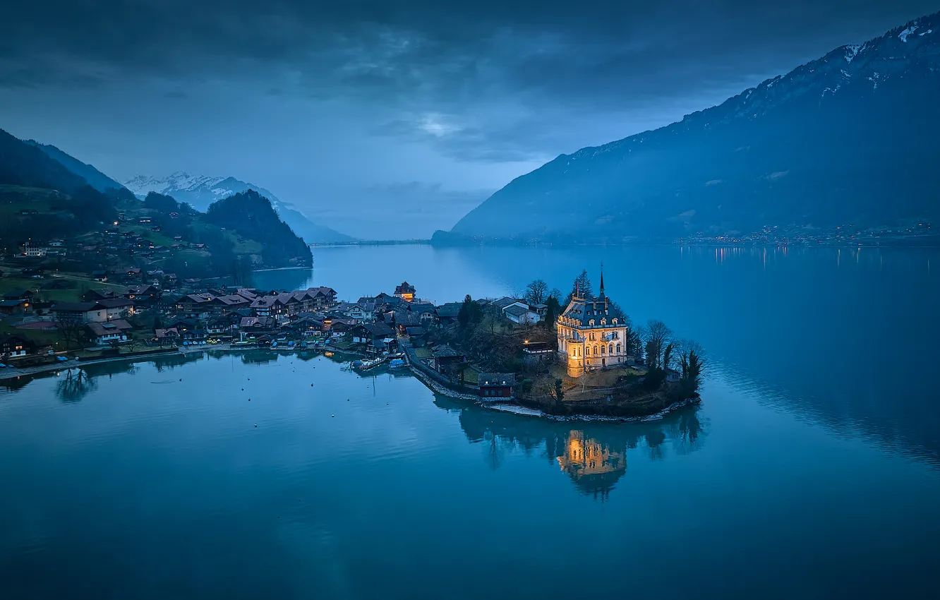 Photo wallpaper mountains, lake, reflection, castle, the evening, Switzerland, village, Alps