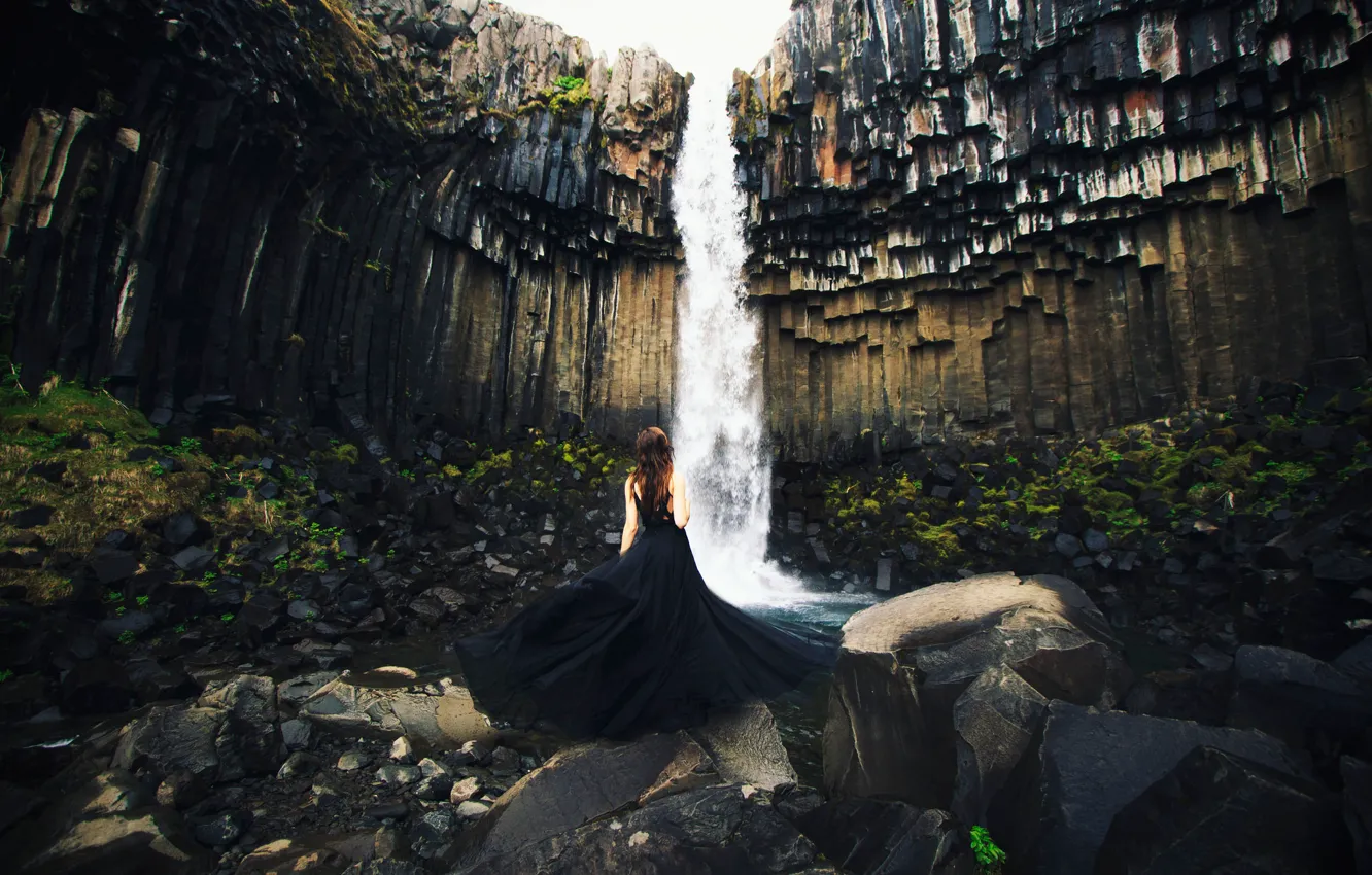 Photo wallpaper girl, stones, rocks, waterfall, stream, dress, Iceland