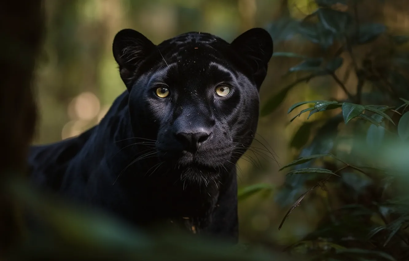 Photo wallpaper look, face, predator, Panther, jungle, big cat, rainforest, digital art