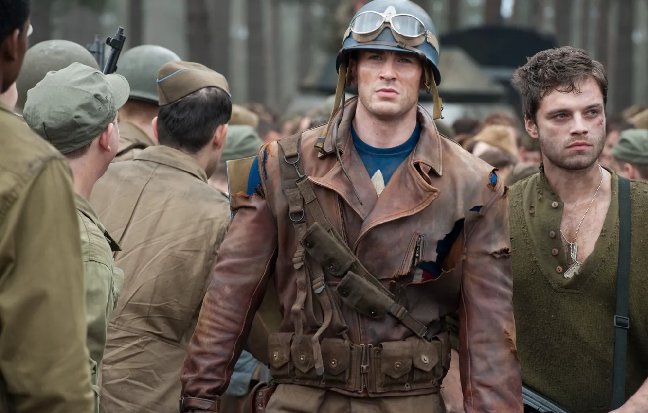 Photo wallpaper weapons, fiction, glasses, jacket, soldiers, helmet, comic, Captain America