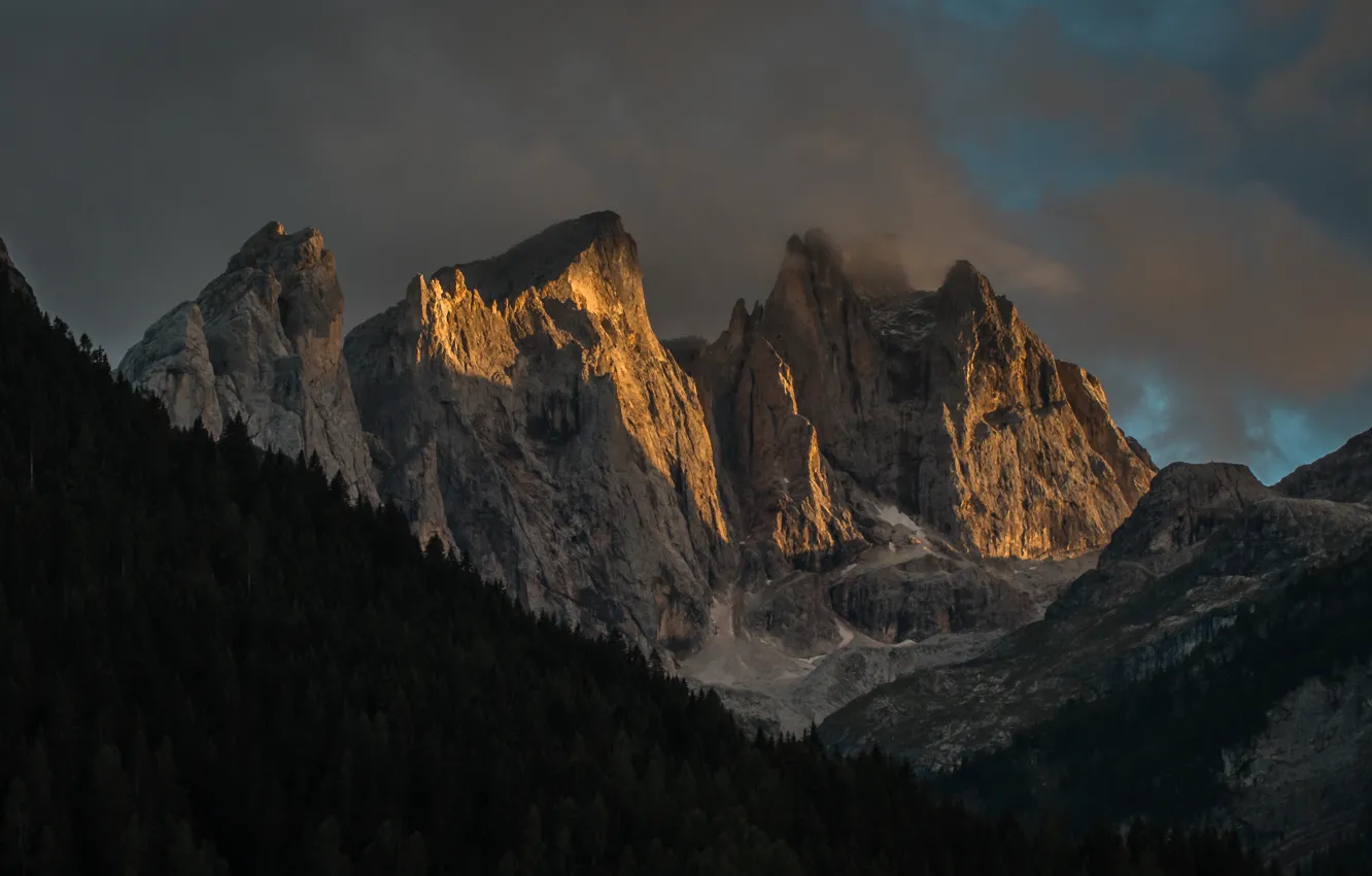 Photo wallpaper the sky, clouds, trees, mountains, nature, rocks, Italy, twilight