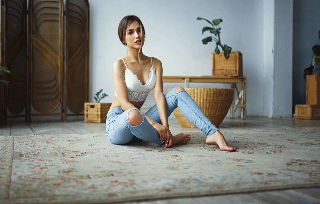 Photo wallpaper girl, jeans, sitting, Sergey Fat, Anastasia Lis, Sergey Zhirnov