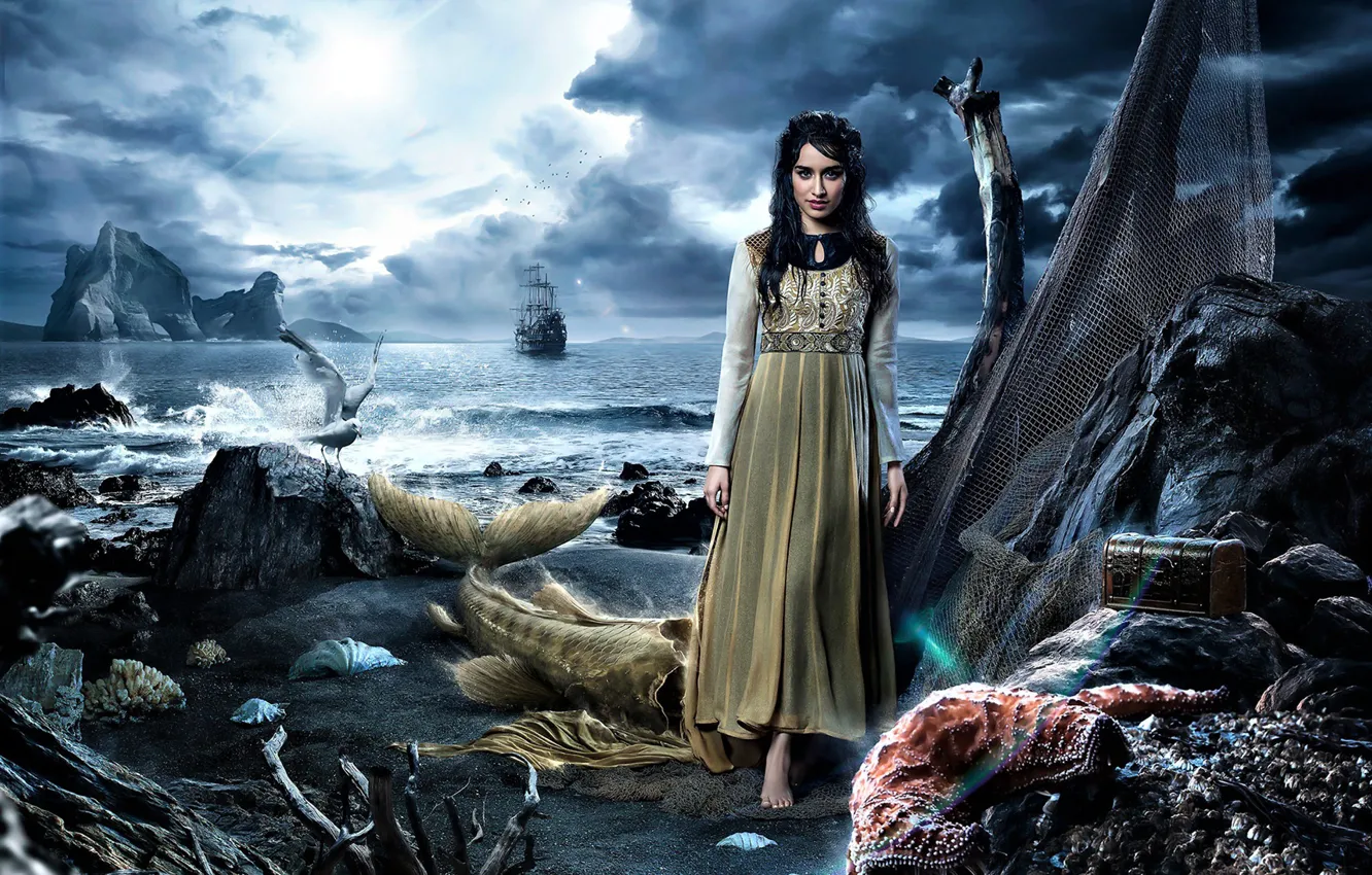 Photo wallpaper dark, girl, dress, photography, pirate, pink, night, model