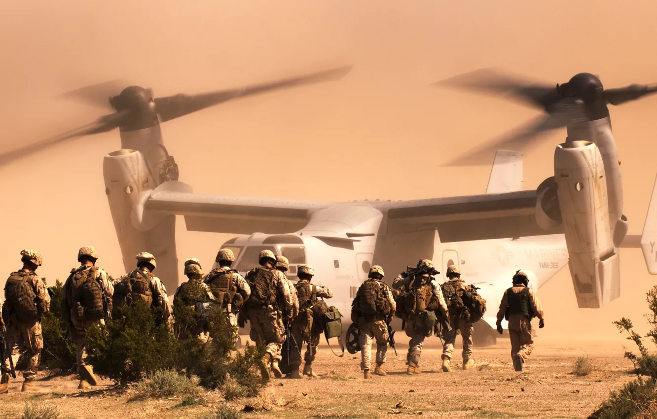 Photo wallpaper desert, soldiers, the tiltrotor, Osprey, Marines, Bell V-22