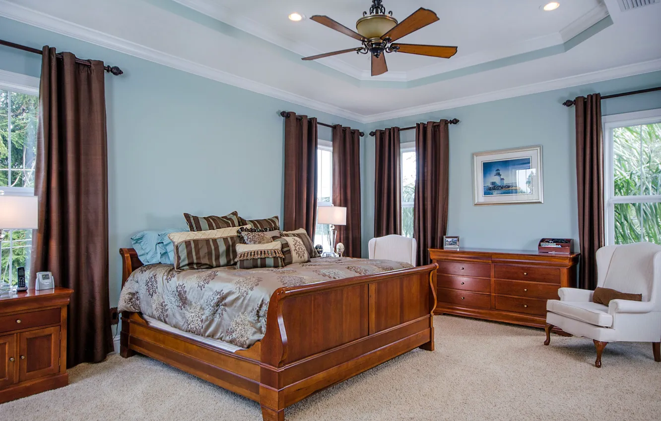 Photo wallpaper bed, picture, pillow, fan, window, bedroom, chest