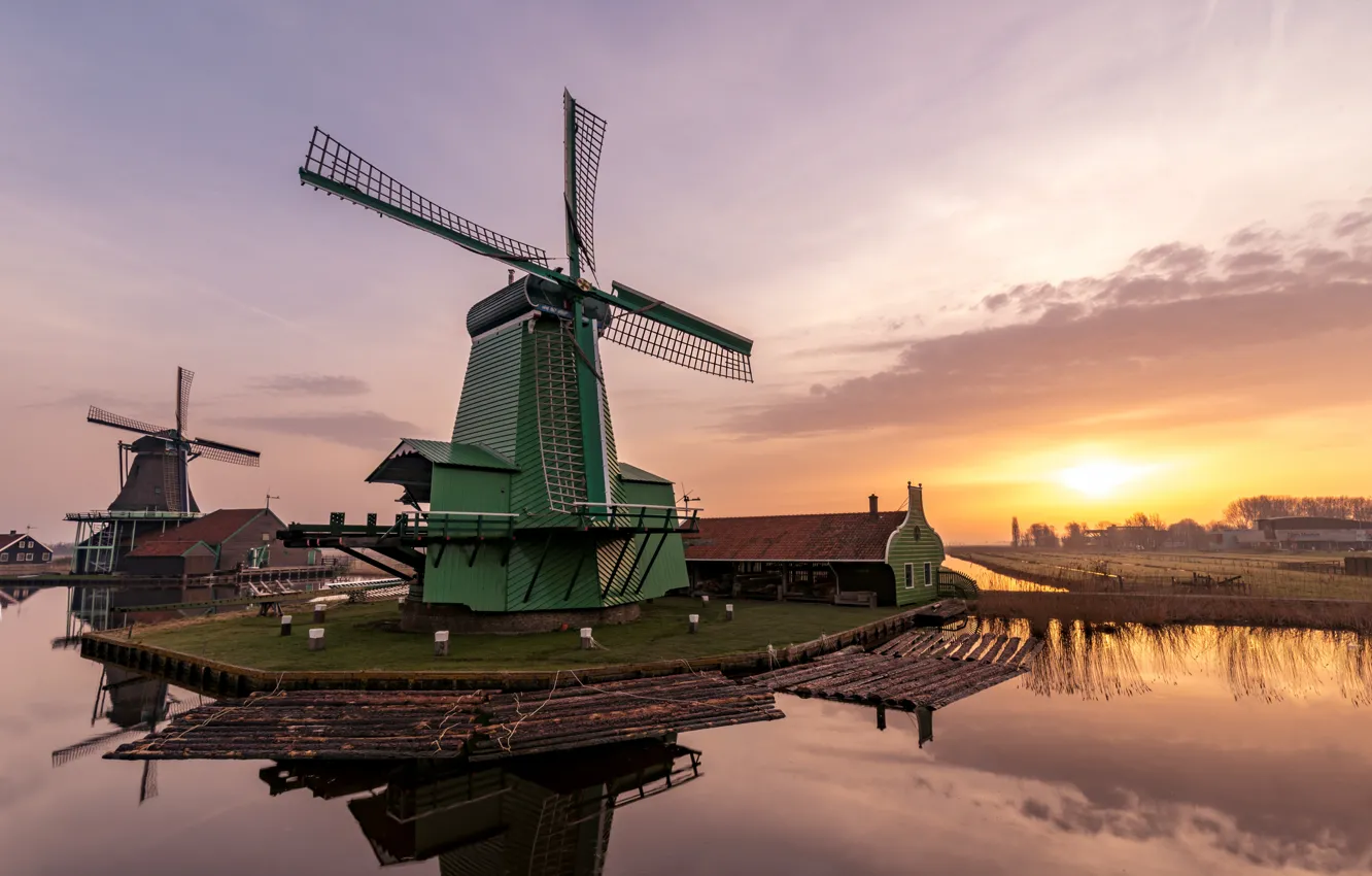 Photo wallpaper dawn, morning, mill, Netherlands, Zaanse Schans