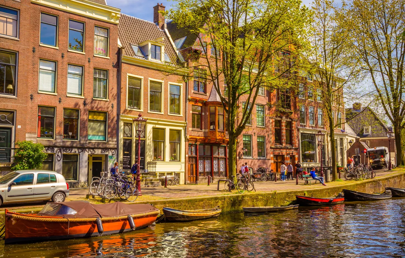 Photo wallpaper river, spring, boats, Amsterdam, Amsterdam, old, spring, buildings