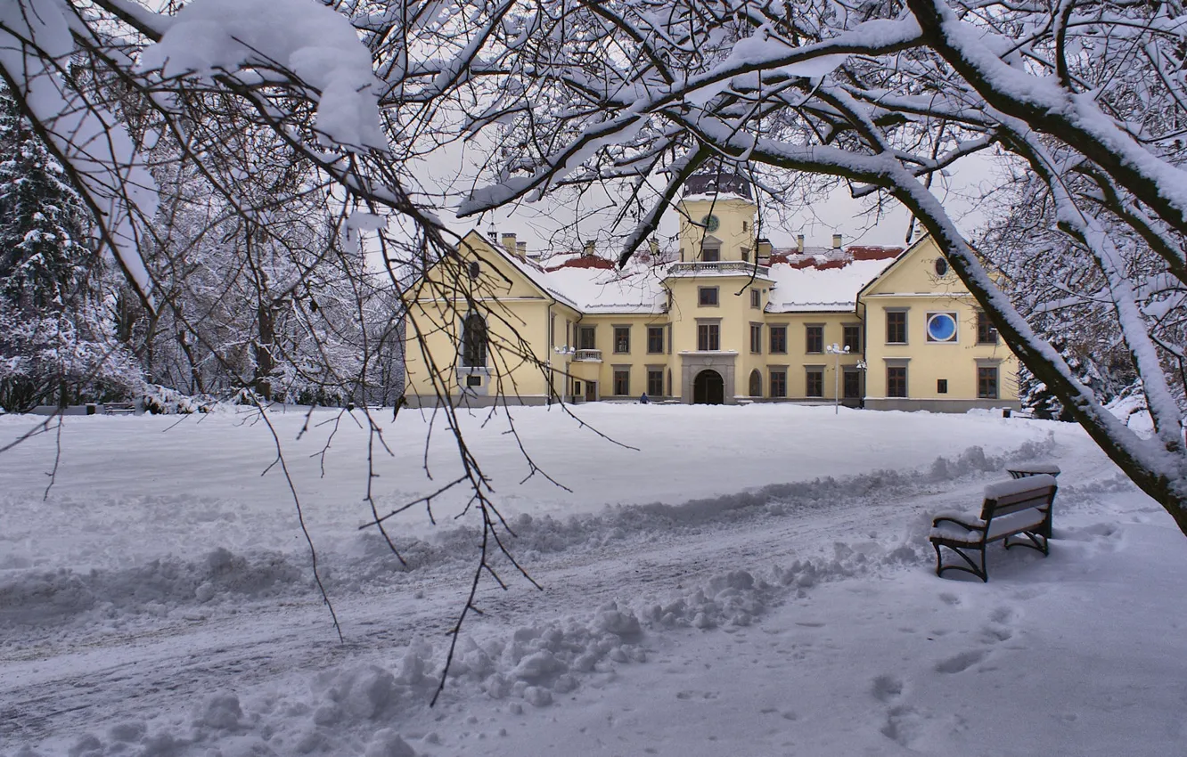 Photo wallpaper park, winter, snow, Poland, palace, Peter, Richard Kosmala