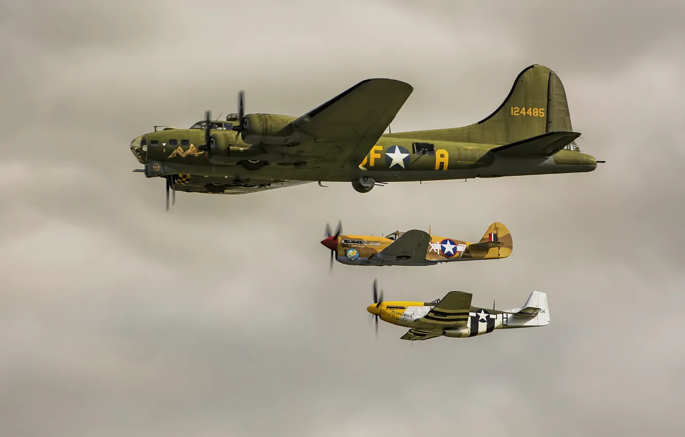 Photo wallpaper flight, bomber, B-17, P-51 Mustang, Curtiss P-40